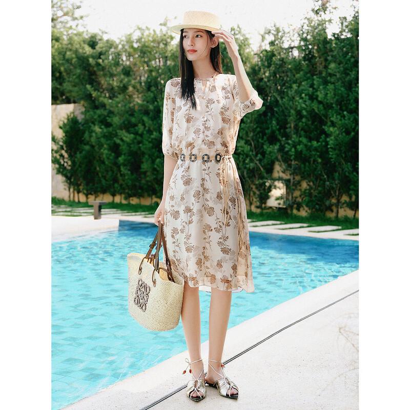 Annakoo 100% Mulberry Silk Print Waist-Cinching Dress