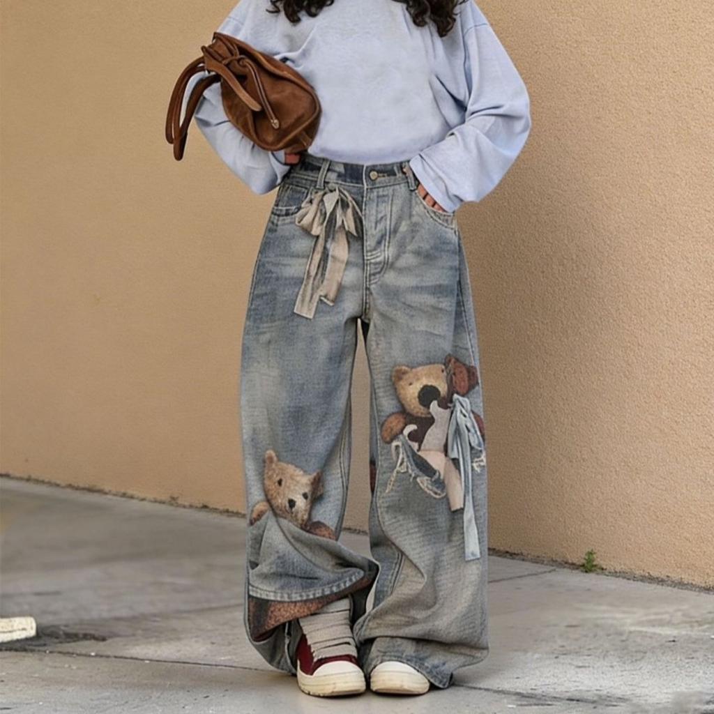 VIONA European and American Style Loose Teddy Bear Bow 3D Wrong View Printed Jeans for Women Spring New