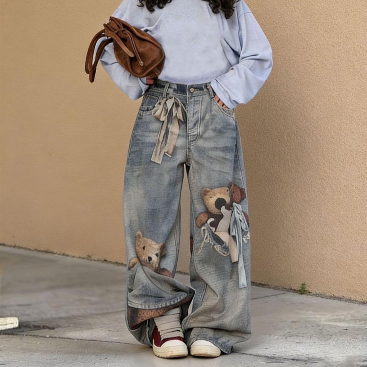 VIONA Europese en Amerikaanse Stijl Losse Teddybeer Strik 3D Verkeerd Zicht Geprinte Jeans voor Dames Lente Nieuw XXL
