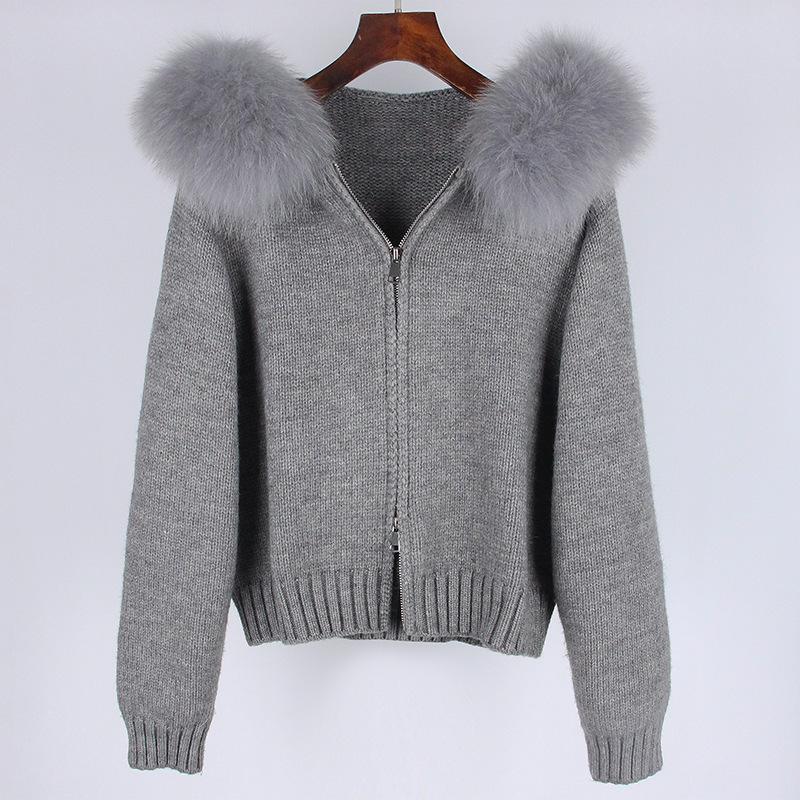 Women Cardigan Natural Fur Coat Real Mongolian Fur Knitwear Spring Autumn Hooded Knitted Fur Jacket