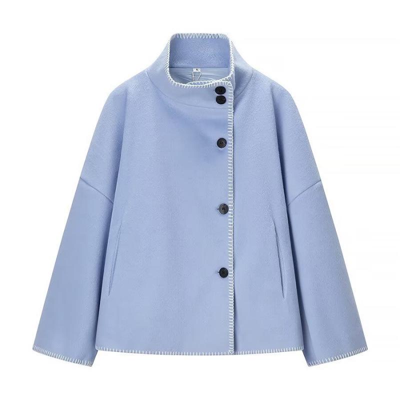 

2025 Winter European & American Style Irregular Stand Collar Loose Woolen Shawl Coat Large синій