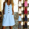 Women Sleeveless U-Neck Tank Dress Button Front Pocket Casual Loose Mini Dress