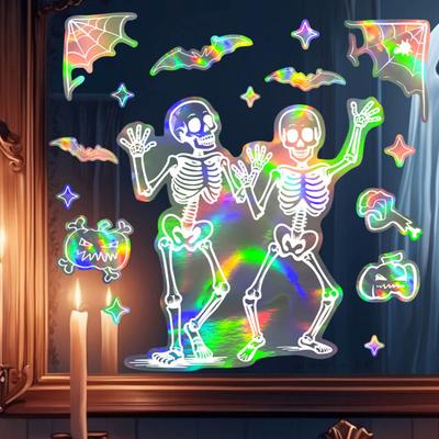 Halloween Skeleton Window Cling Waterproof PVC Holographic Skeleton Static Glass Sticker Home Bedroom Holiday Party Decoration Decal