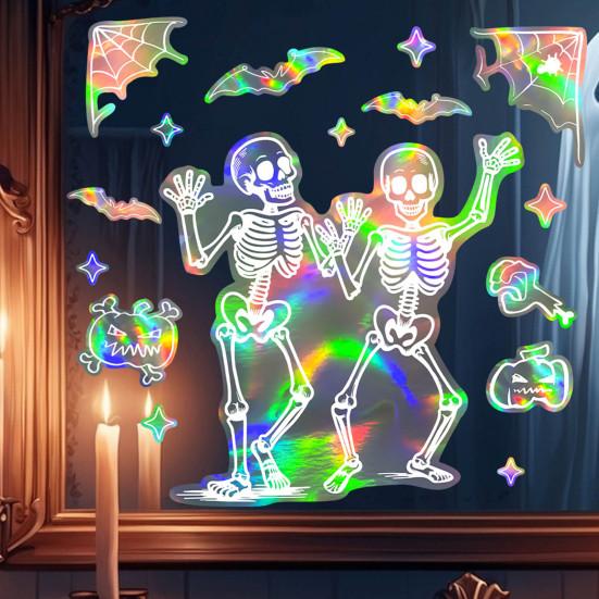 Halloween Skeleton Window Cling Waterproof PVC Holographic Skeleton Static Glass Sticker Home Bedroom Holiday Party Decoration Decal