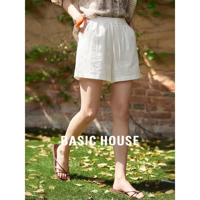 Basic House Women s Elastic Waist Drawstring Wide-Leg Shorts One Size