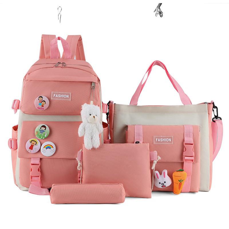 Set di Zaini in Tela da 4-5 Pezzi per Studenti: Design Carino con Carota e Coniglio, Perfetto per Bambine e Bambini delle Scuole Elementari e Medie
