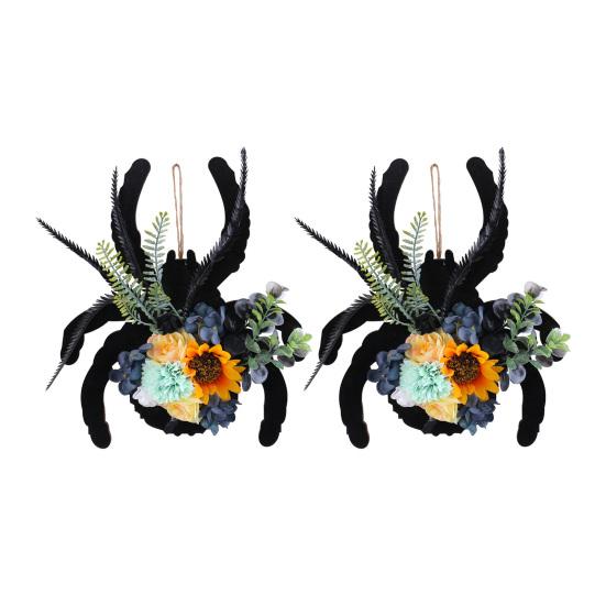 Spider Wreath Wooden Black Spider Wreath with Artificial Flowers Front Door Hanging Decoration for Floral Arrangement Halloween Wall Window Decor