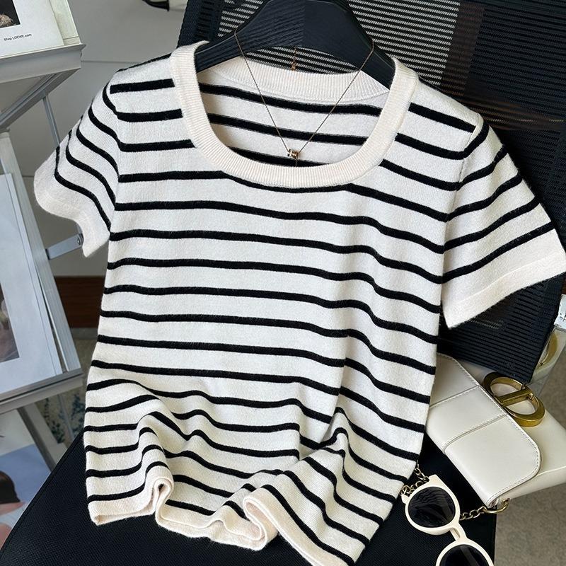 Striped Short-sleeved Large-sized T-shirtSquare-neck Knitted Base Shirt Summer Short Fitted Top