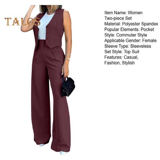 Dámské tílkové soupravy Kancelářské dámské společenské šaty dvoudílné sako bez rukávů vesta se zapínáním na knoflíky vesta s širokými nohavicemi letní pracovní oblečení