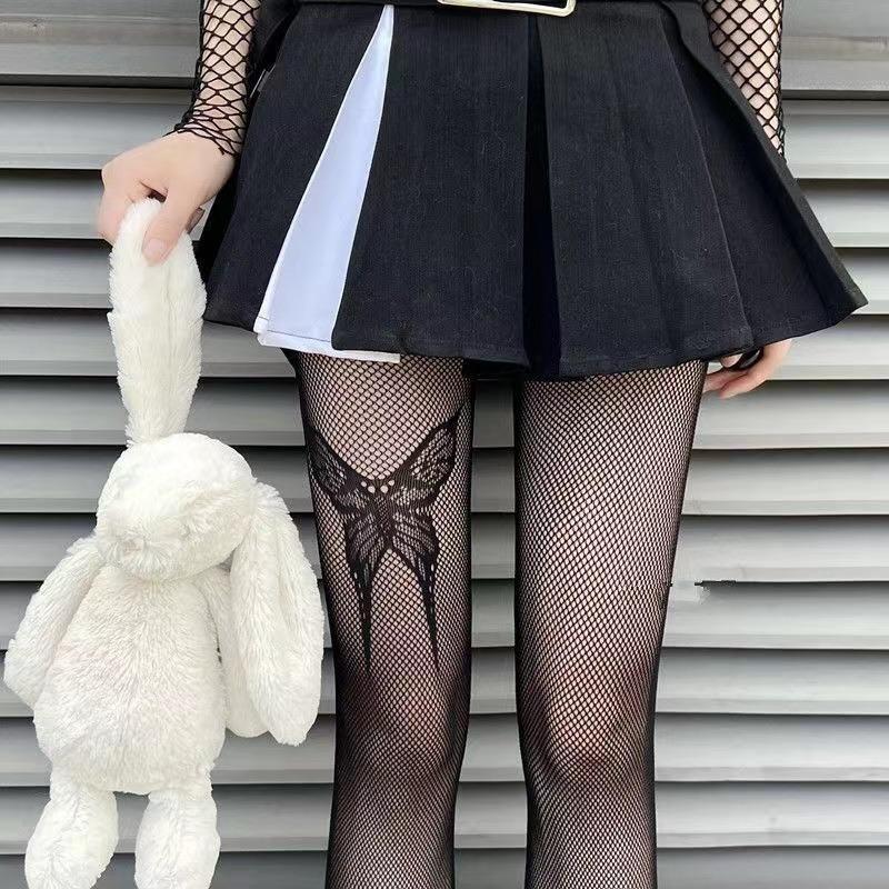 Gothic Girls Big Butterfly Print Stockings New Design Women Goth Punk Mesh Fish Net Pantyhose Sexy Stockings