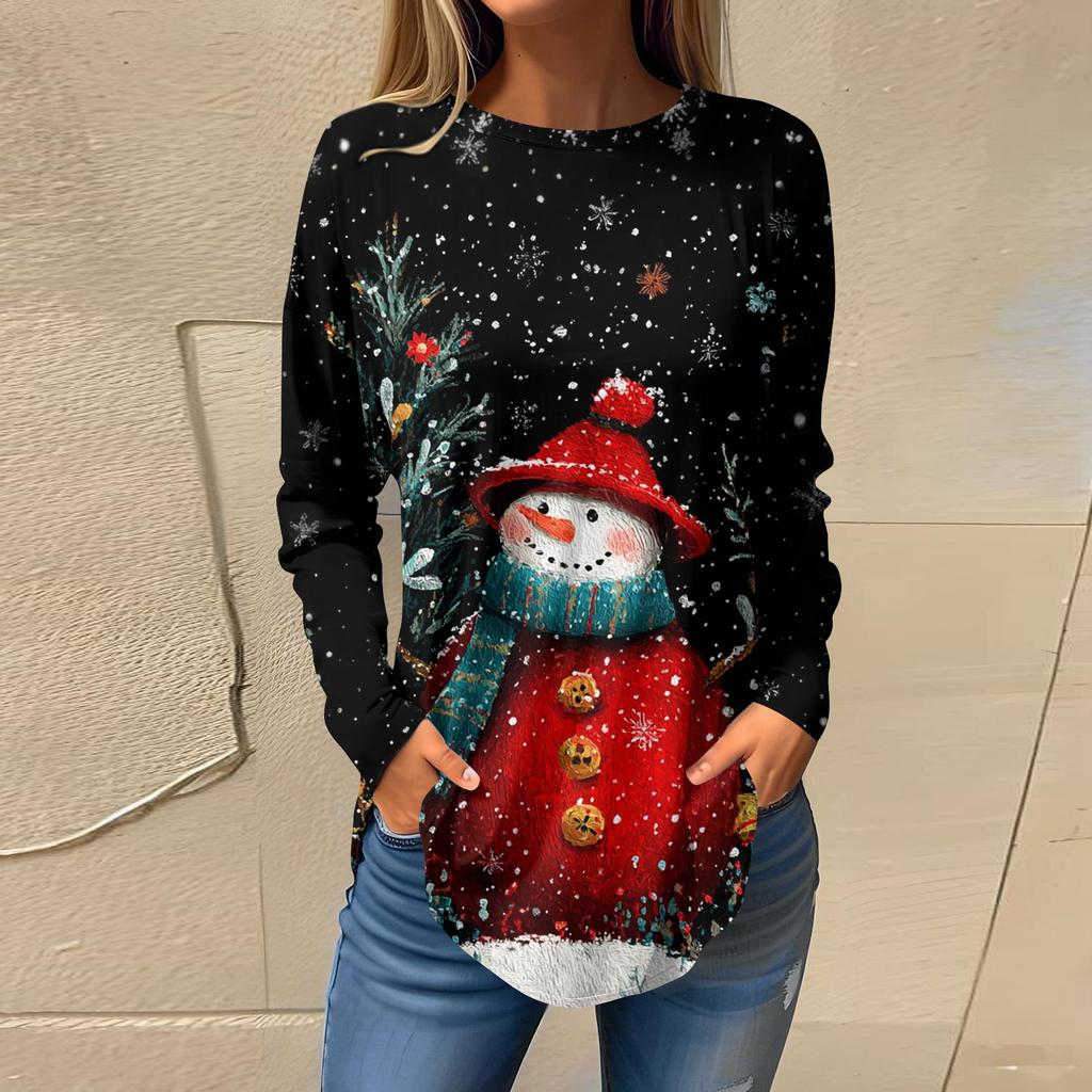 Tee Shirts For Women Casual Round Neck Long Sleeve Shirts Christmas Printing Top Pullover