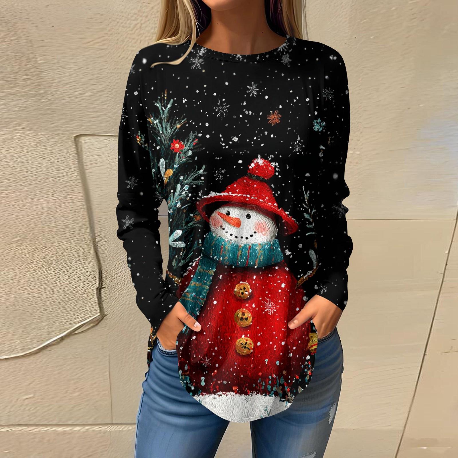 

Tee Shirts For Women Casual Round Neck Long Sleeve Shirts Christmas Printing Top Pullover L чорний