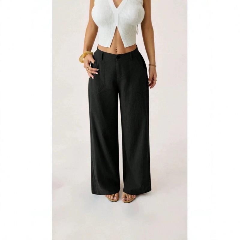 Womens Solid Cotton Linen Wide Leg Pants Casual Loose Fit Trousers With Pockets