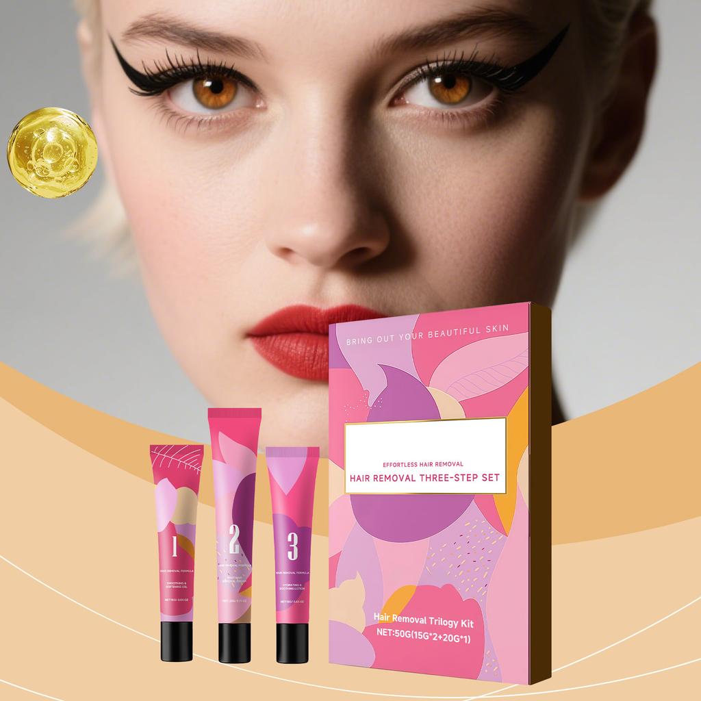 Facial Hair Removal Three-Step Kit Gentle Clean Soft Skin Moisturizing Refreshing Home Use Depilatory Cream Sensitive Skin Travel Size