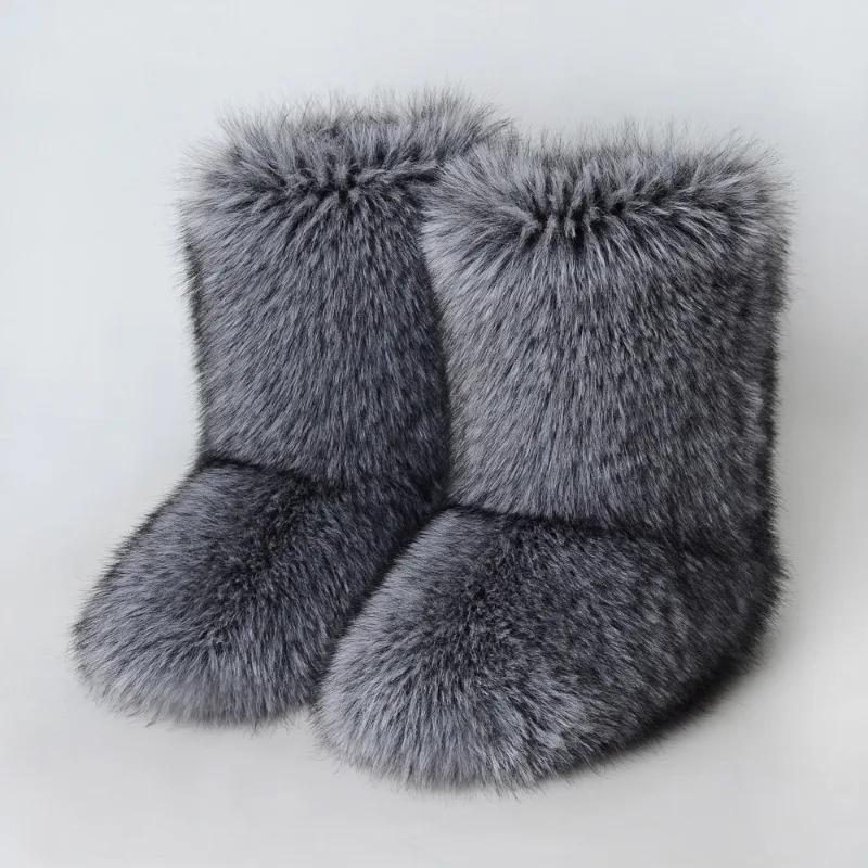 Fashion 2024 New Comfortable Imitation Raccoon Fur Snow Boots with Midsole for Women's Winter Warmth and Comfort, Hairy Women's Boots