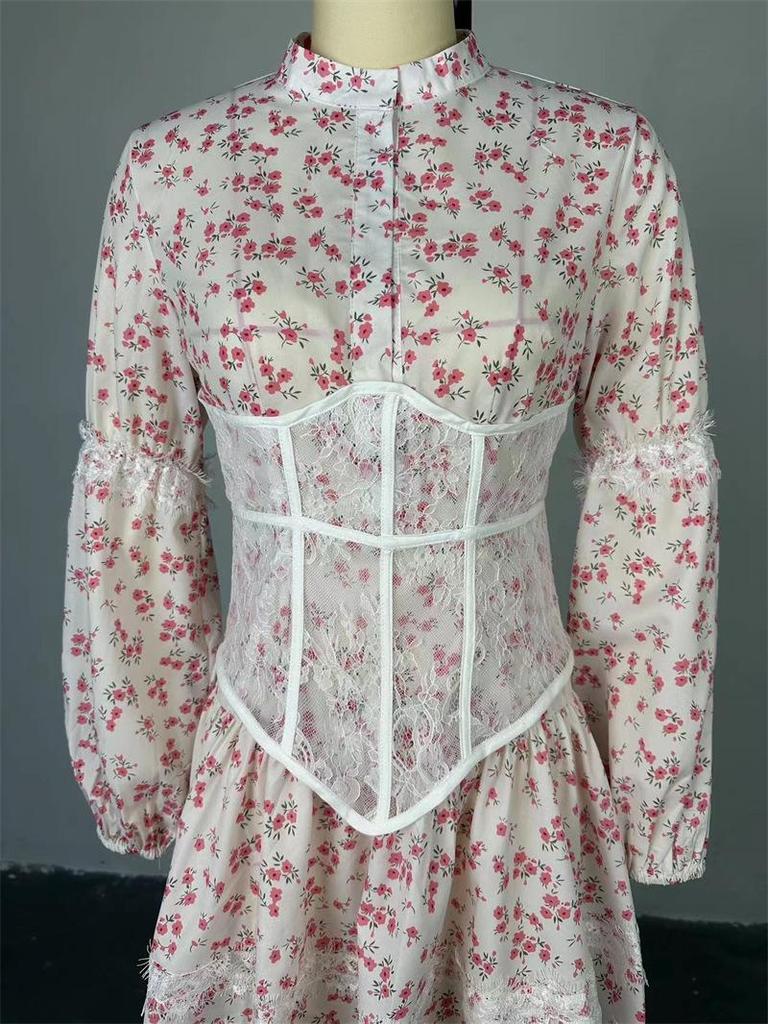 2024 Summer Sweet Print Waist-Cinching Long-Sleeve Lace Dress for Women