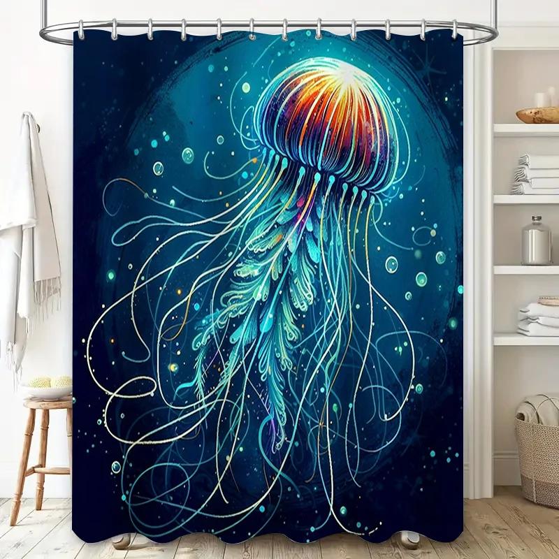 Modern Shower Curtain Jellyfish Design Blue Green White Colors Waterproof Fabric Print Large Size Decorative Bathing Room Decora