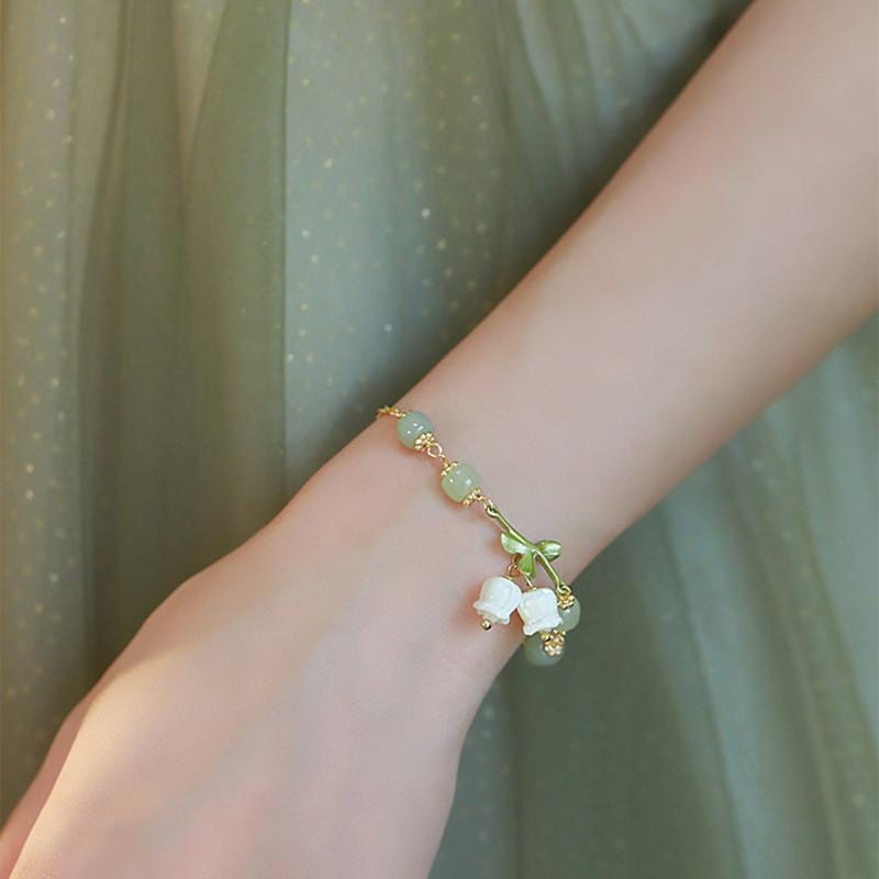 IFME Crystal Flower Leaf Bracelets for Women Fashion Lily of The Valley Pendant Beads Bracelet Accessories Jewelry