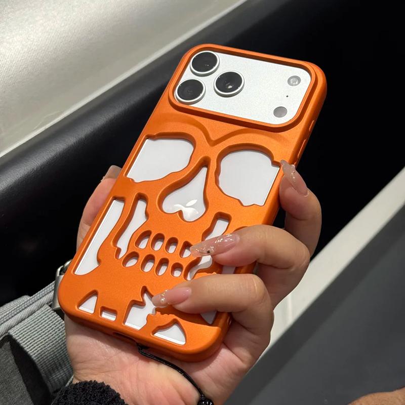 Ins Hollow Out Skeleton Skull Matte Orange Phone Case For For Iphone 17 Pro Max Plating Orange Protective Back Cover