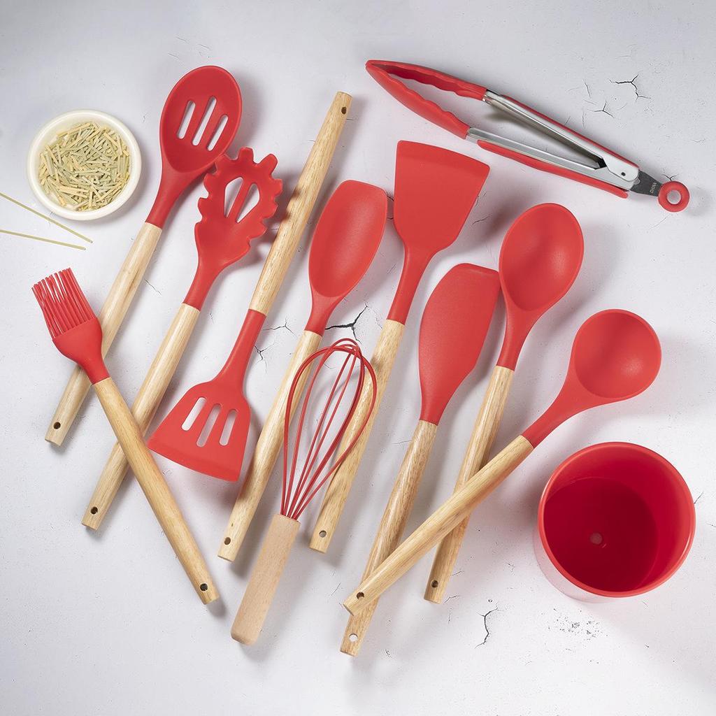 11-Piece Silicone Kitchen Utensil Set with Wooden Handles - Black & Khaki Storage Bucket Included