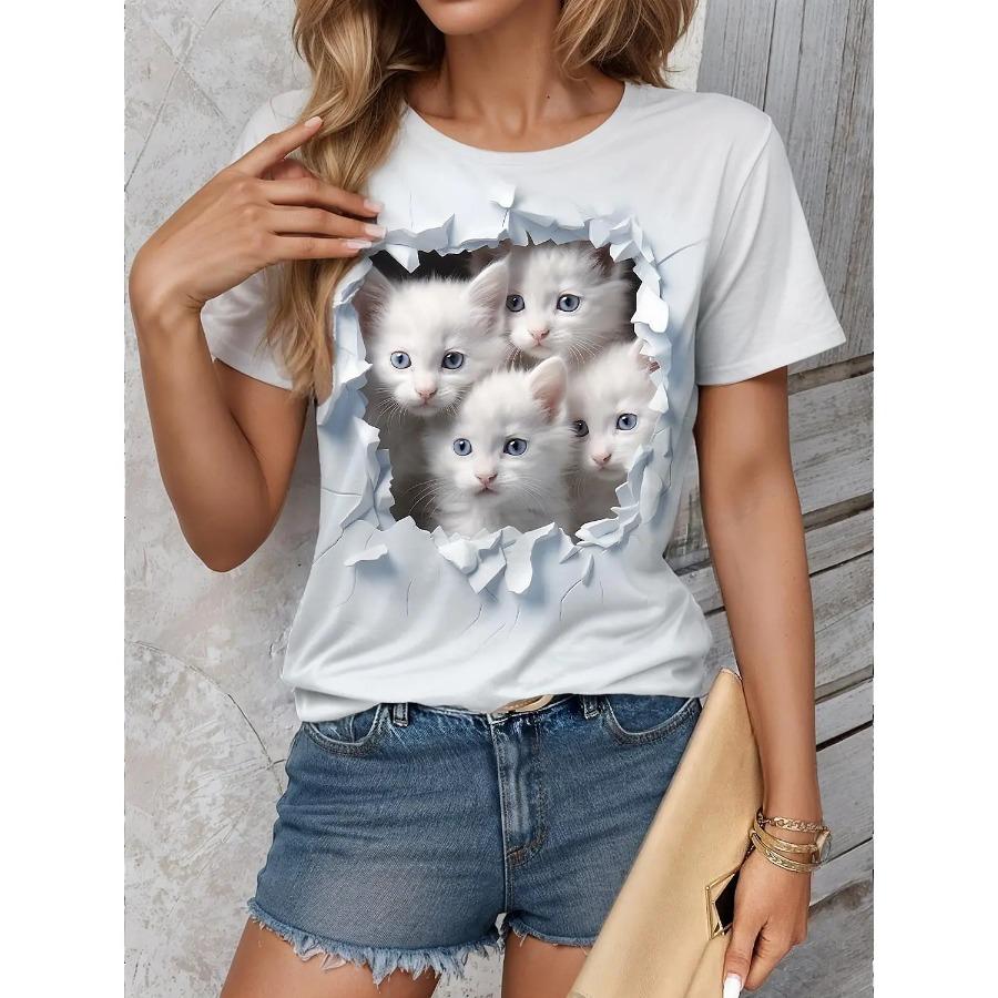 Summer Women's T shirt Tee 3d Print Kawaii Cat Graphics Casual Short Sleeve Tops Fashion Round Neck t shirts for women beautiful