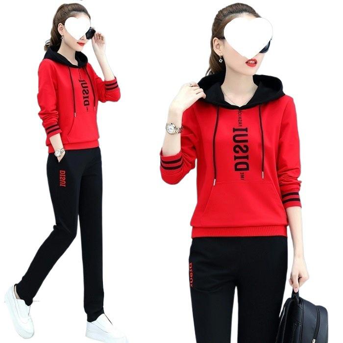 Women's Casual Red Hooded Sweatshirt & Running Pants Set - Spring/Autumn Versatile Two-Piece Outfit