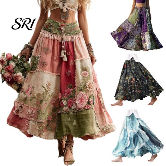 Long Skirt Maxi High Waisted 3D Floral Print Large Hem Lightweight Bohemia Style Summer Slimming Work Leisure Daily Wear Boho