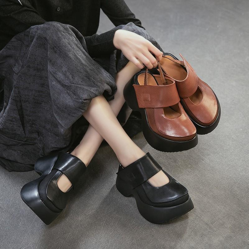 Johnature Retro Round Toe Thick Soled Sandals Versatile Genuine Leather Thick Heel Women's Platform Shoes