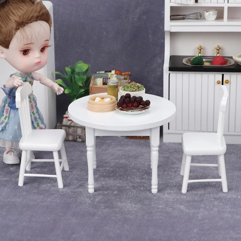 1:12 Wooden DOLLHOUSE Miniature Furniture Kitchen 3-piece Set White Mini Round Table and Chair Small Dining Chair