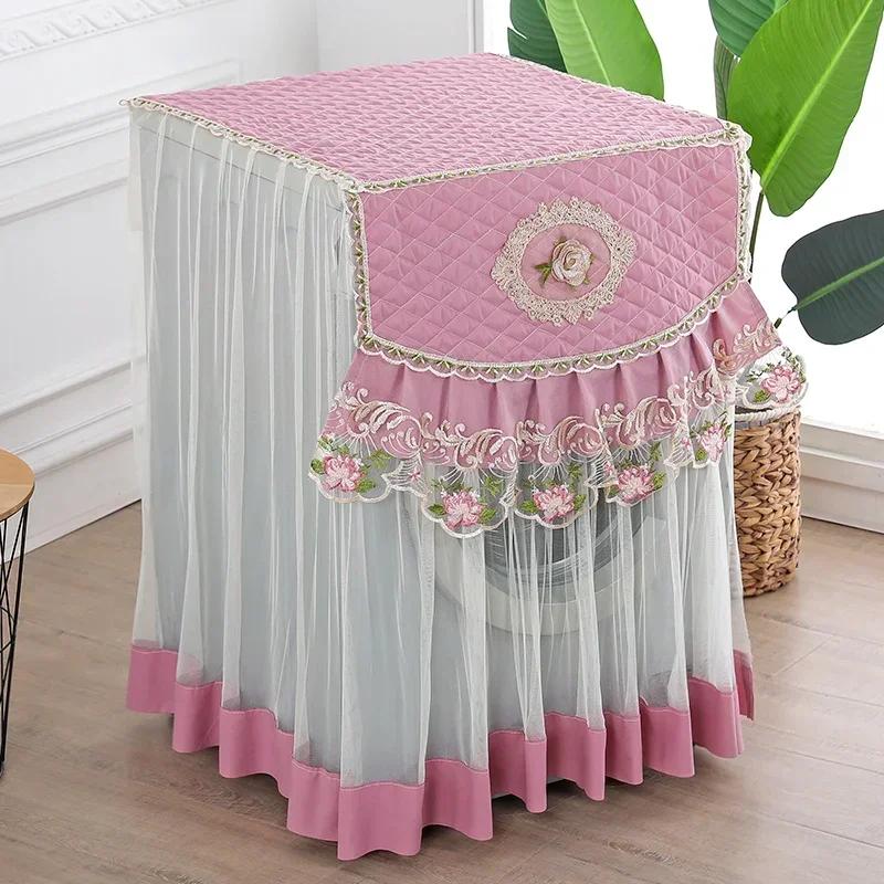 Washing Machine Cover Universal Washing Machine Cover with Roller and Wave Wheel Upflip Washing Machine Dustproof Lace Cover