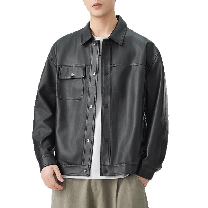 New Autumn Jacket Leather Jacket for Men's Street Handsome Versatile Lapel Jacket Motorcycle Suit