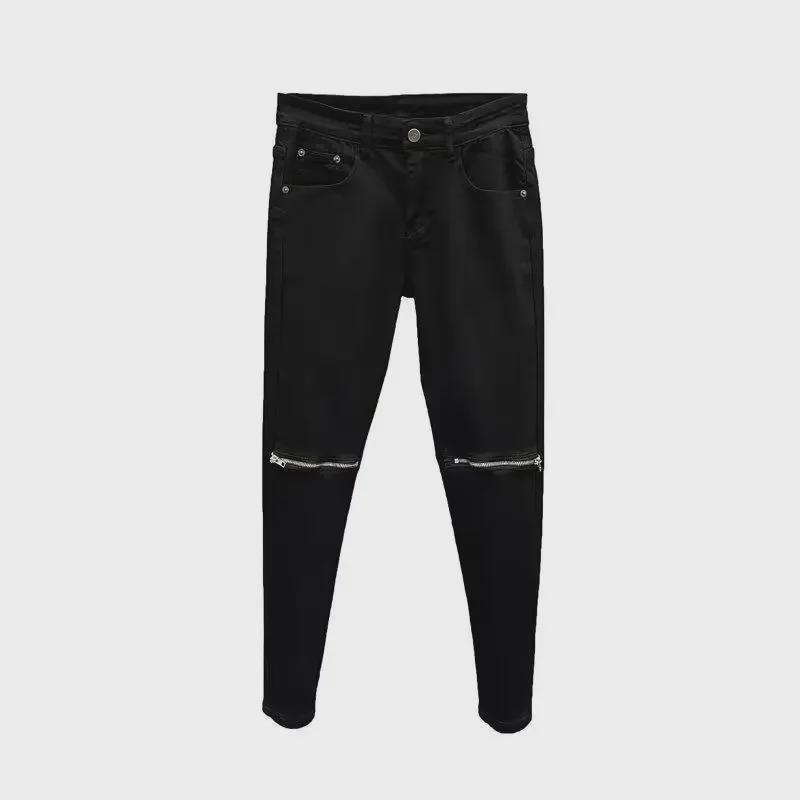 Schwarze Slim Fit Skinny Jeans mit Reißverschluss für Herren – Trend im koreanischen Stil