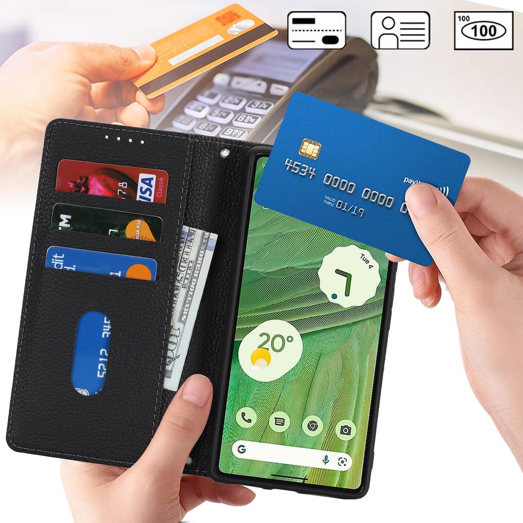 For Google Pixel 7 5G Case Stand Wallet Litchi Texture Leather Flip Phone Cover with Strap