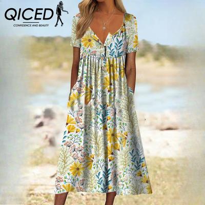 Spring New Popular Printed O-neck Button Short-sleeved Dress Women's Pockets Long Dresses