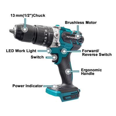 PATUOPRO 13mm Brushless Electric Impact Drill Cordless Drill Screwdriver Handheld Power Tool For Makita 18V Battery(No Battery)