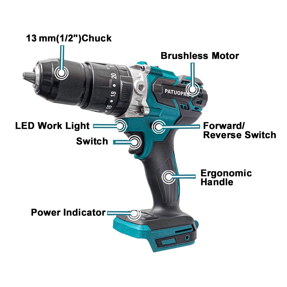 PATUOPRO 13mm Brushless Electric Impact Drill Cordless Drill Screwdriver Handheld Power Tool For Makita 18V Battery(No Battery)