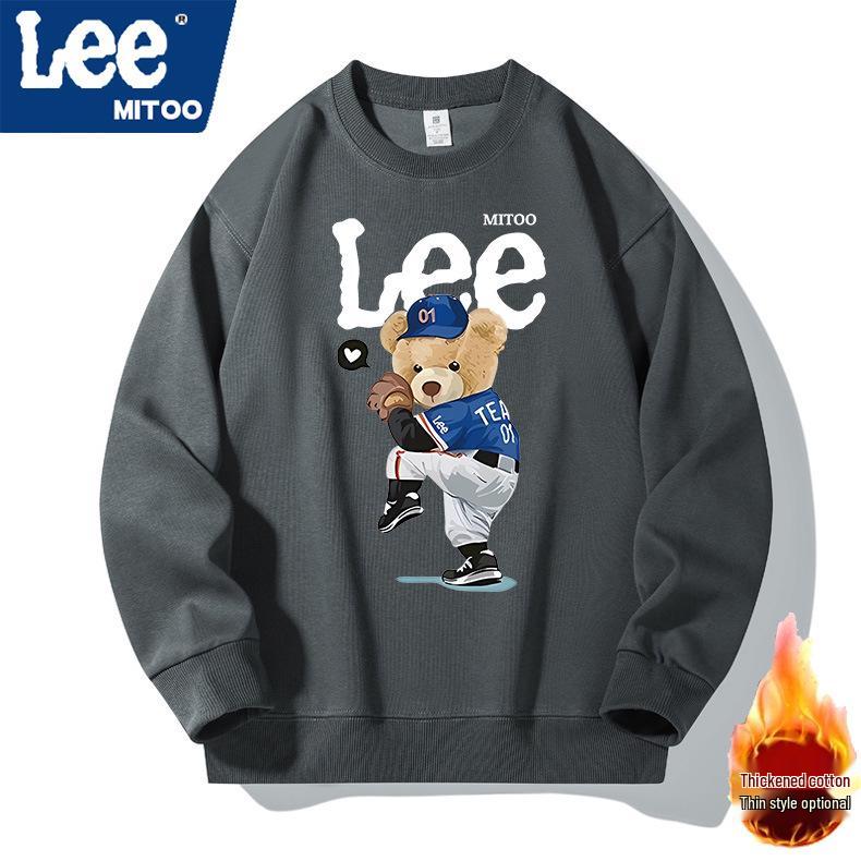 Lee & Mitoo Co-Branded 2025 Men's Fleece-Lined Sweatshirt: American Trendy, Thickened, Long-Sleeve, Couple Style for Autumn/Winter.