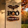 Outdoor Halloween Door Decor Happy Wooden Sign, Cute Bat Ghost Pumpkin Boo Hanger, Trick Scary Front or Treat Wall Hanging Sign for Party, Door, Home