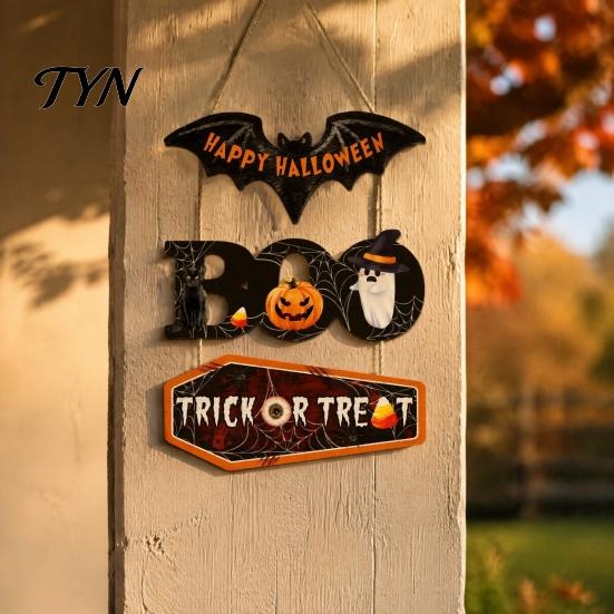 Outdoor Halloween Door Decor Happy Wooden Sign, Cute Bat Ghost Pumpkin Boo Hanger, Trick Scary Front or Treat Wall Hanging Sign for Party, Door, Home