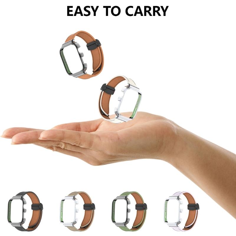 Leather Watch Band Replacement Band Lychee Texture Strap for Fit 3 Wristband Sweatproof Bracelet with Metal Frame