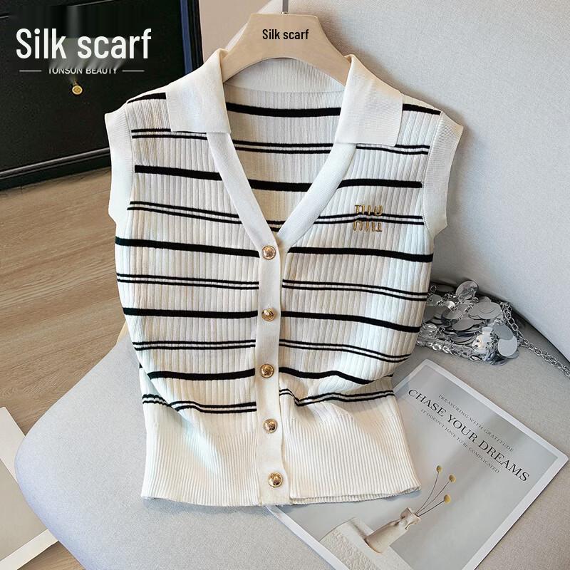 Women s Contrast Stripe Lapel Knit Top L