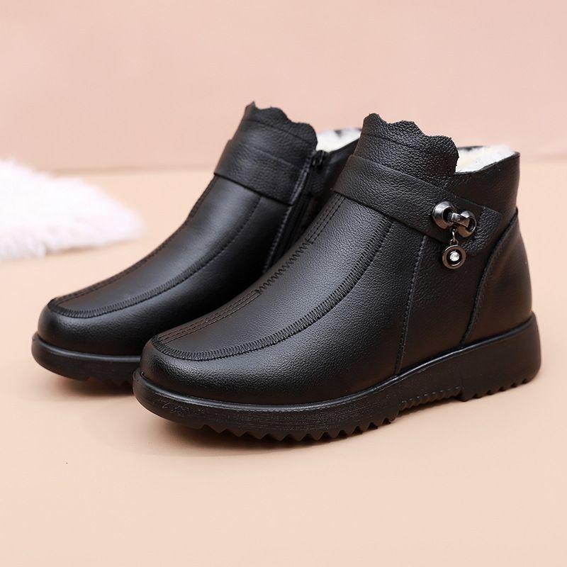 [Genuine Leather] Mom Cotton Shoes Women's Winter Velvet Warm Short Boots Flat-soled Soft-soled Leather Boots Women's Middle-aged and Elderly Snow
