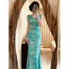New butterfly print swinging collar suspender dress female slim waist fishtail long dress Spice girl vacation skirt