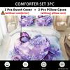 Latacaca 3pcs Purple Crystal Rose Bedding Set - 1 Duvet Cover + 2 Pillowcases, Contemporary Sparkling Purple Roses & Butterflies