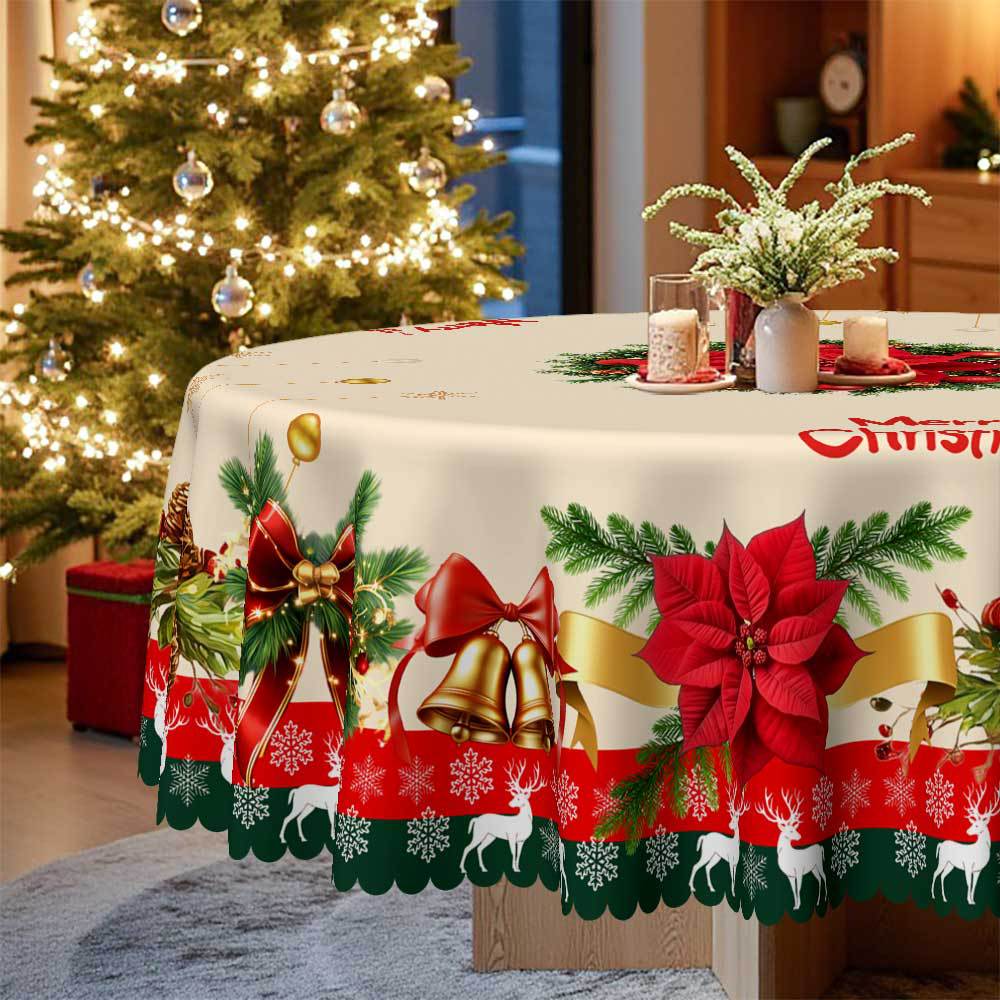 Weihnachtstischdecke, Rote Beere Grüner Kiefernzweig Schneeflocke Schleife Kranz, Europäische Weihnachtsdekoration Runde Tischdecke