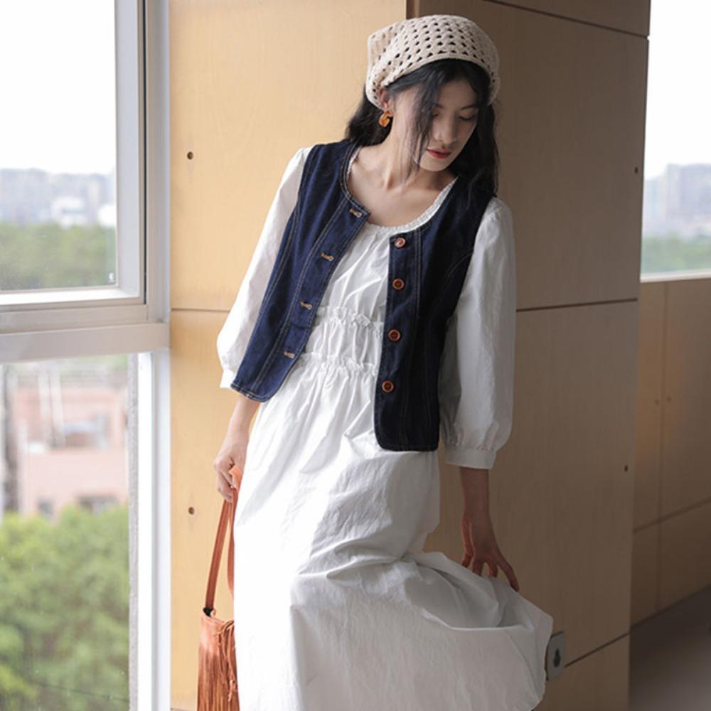 All Match Vintage Denim Vests Blue Cropped Sleeveless Jacket Simple Button-up Short Coats  Ladies