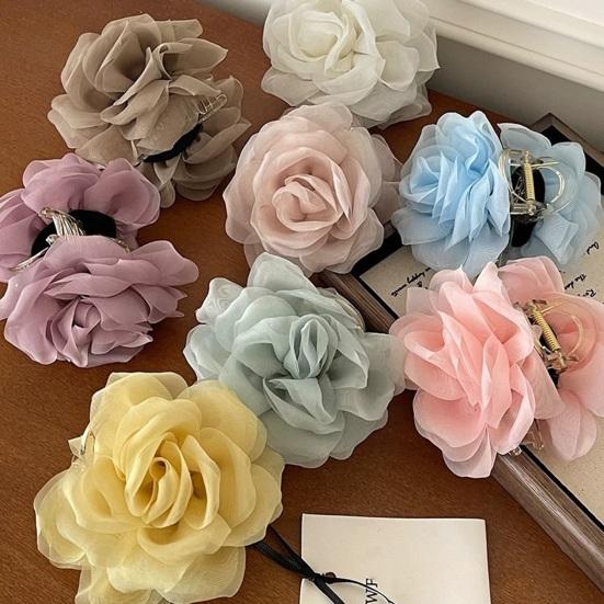 Hair Claw Mesh Yarn Texture 3D Flower Design Large Shark Hair Clip Versatile Daily Date Hair Accessory