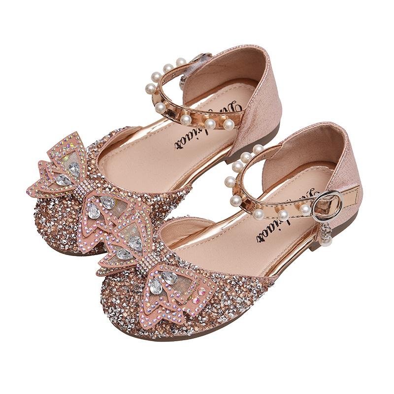 Sandalias de verano para niñas, zapatos de princesa con lazo de diamantes de imitación y lentejuelas a la moda, zapatos para niñas, Sandalias de tacón plano, talla 21-35