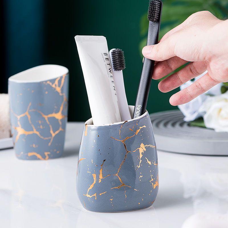 Gold Plated Marbled Ceramic Lotion Bottle Bathroom Supplies Mouthwash Cup Toothbrush Cup Soap Dish Set Hotel Wash Lotion Bottle