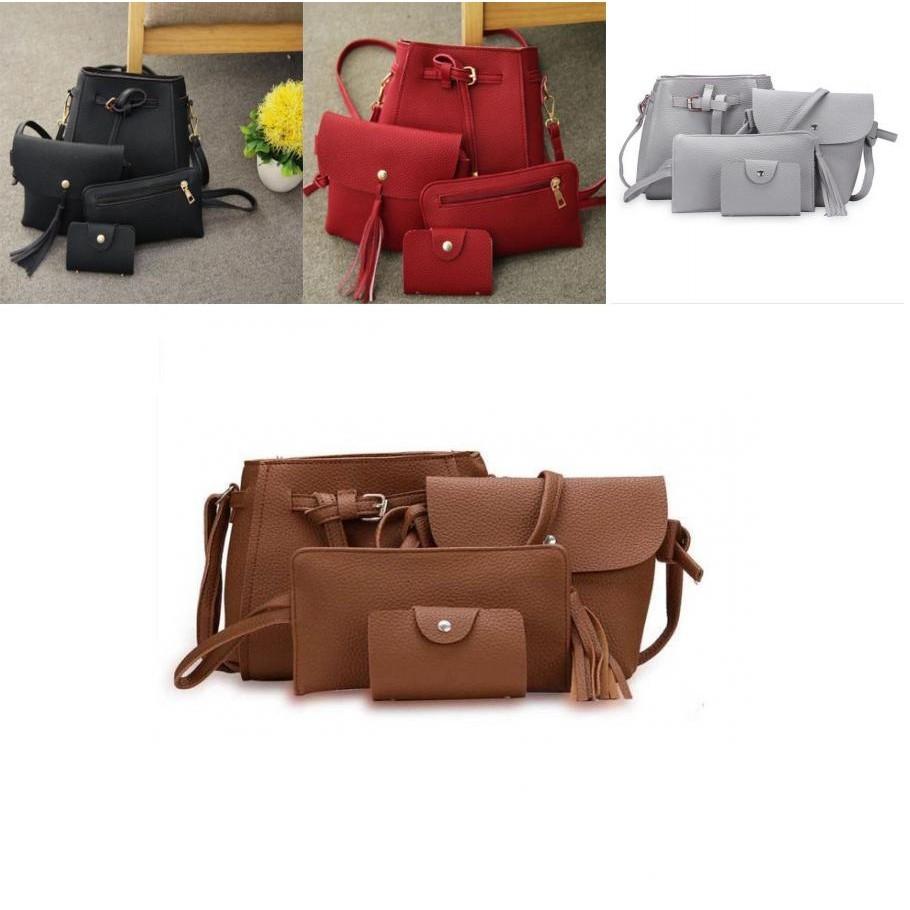 Elegant 4pcs Women Lady Handbag Set In Premium Pu Leather With Adjustable Strap